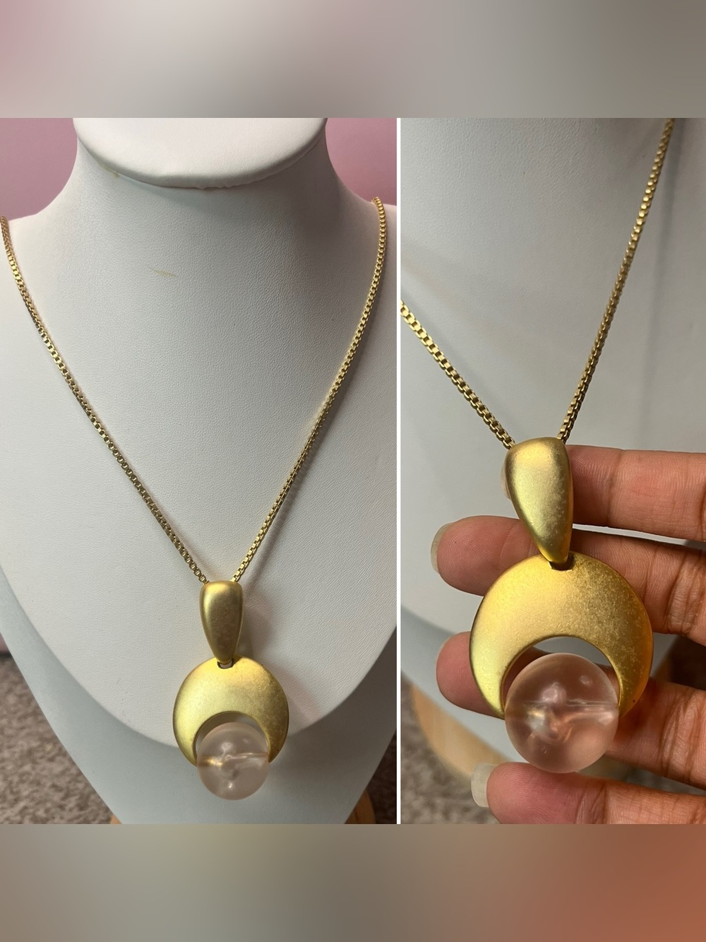 Source Unknown Gold-Tone Crescent Pendant Necklace with Pink Orb